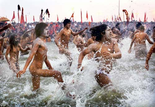 Sadhus taking a bath in the Ganges