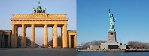 Brandenburg Gate in Berlin and Statue of Liberty in New York