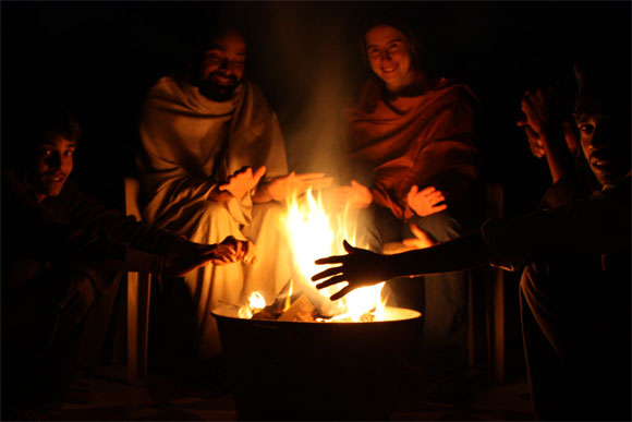 Sitting around the fire in the Ashram